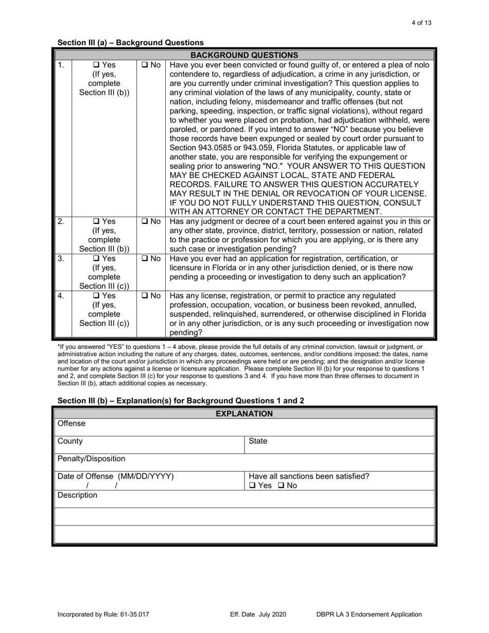 Form DBPR LA3 Application for Licensure: Endorsement - Florida, Page 4