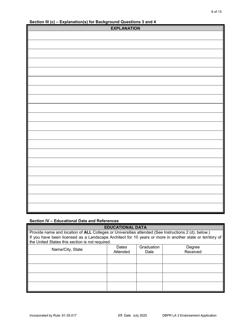 Form DBPR LA3 Application for Licensure: Endorsement - Florida, Page 6