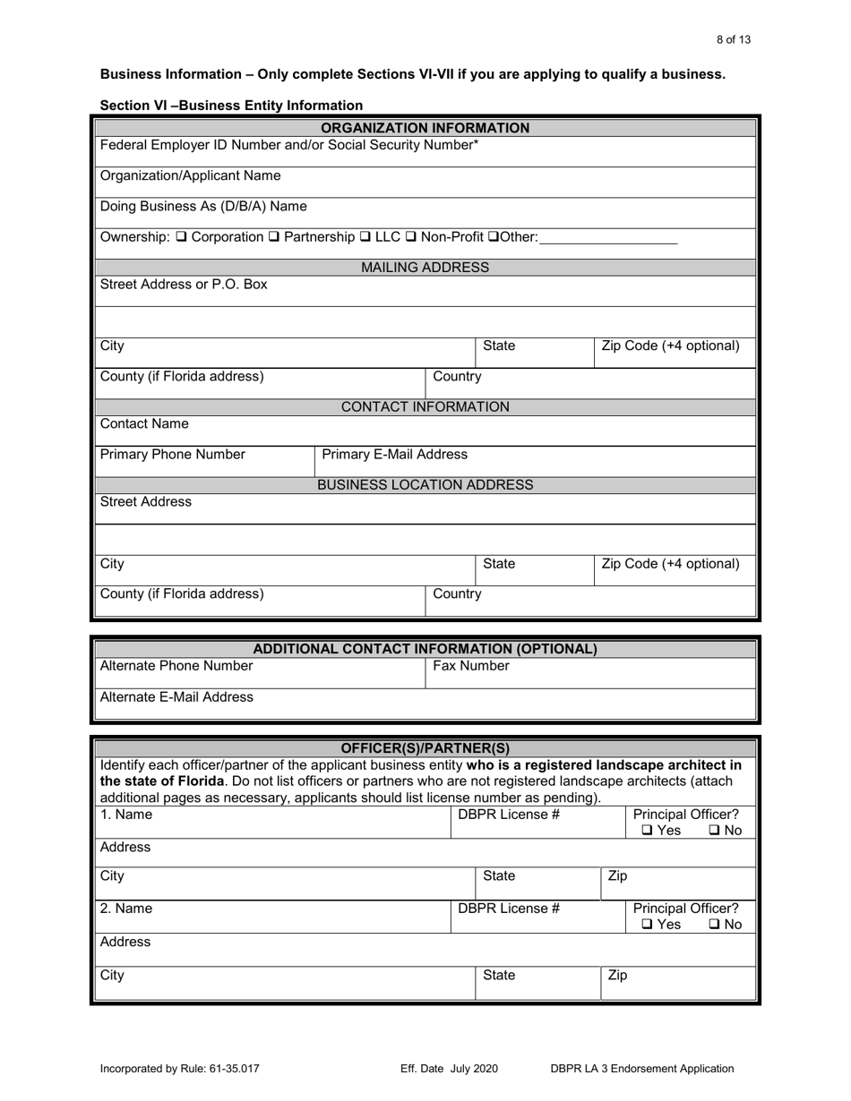 Form DBPR LA3 Application for Licensure: Endorsement - Florida, Page 8