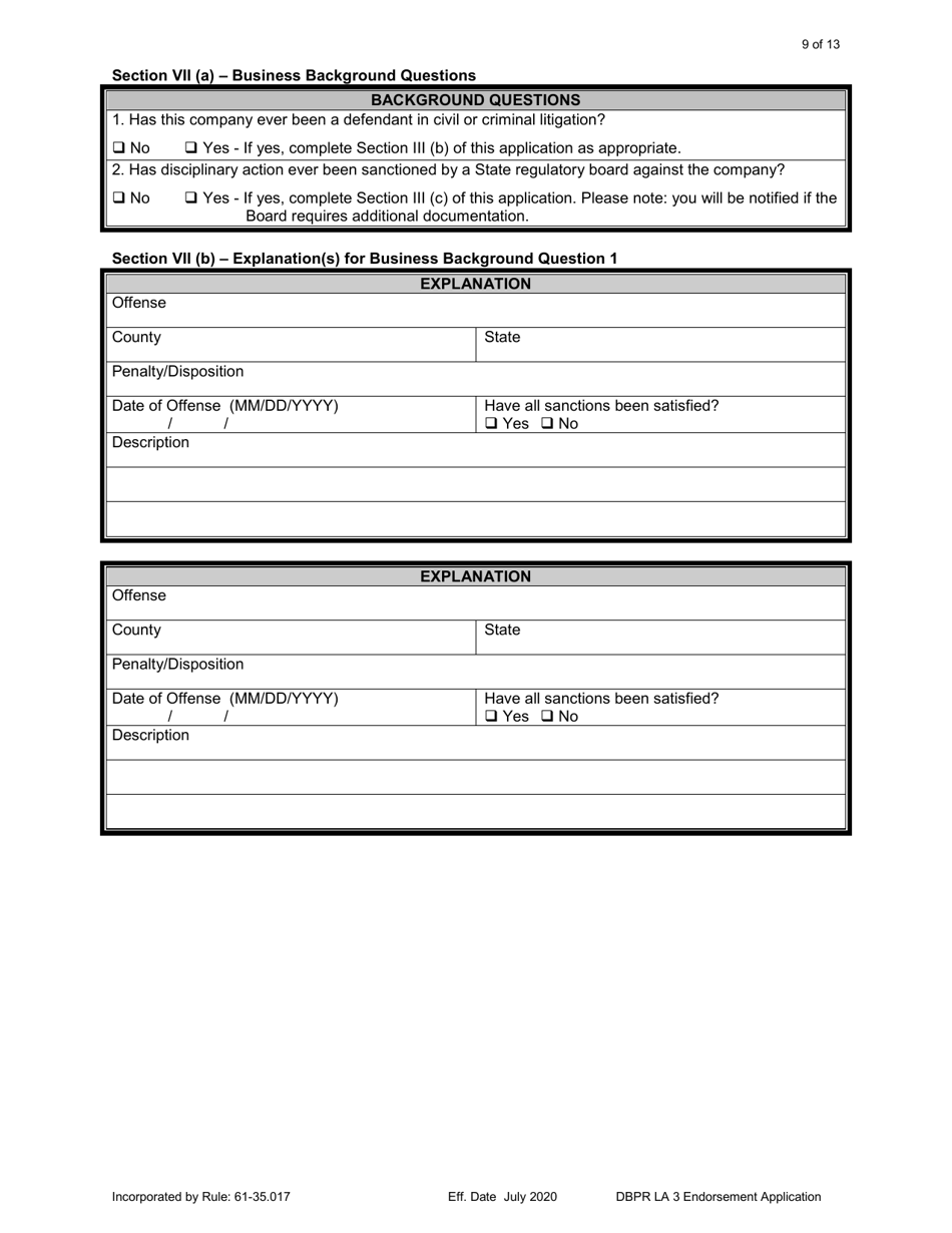 Form DBPR LA3 Application for Licensure: Endorsement - Florida, Page 9