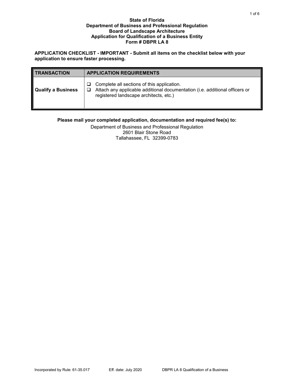 Form DBPR LA8 Application for Qualification of a Business Entity - Florida, Page 1