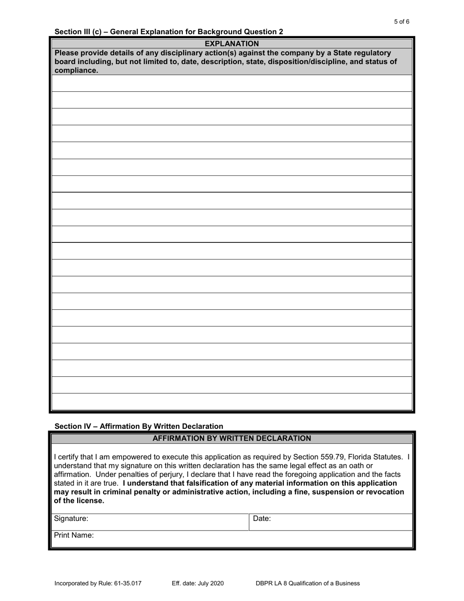 Form DBPR LA8 Application for Qualification of a Business Entity - Florida, Page 5