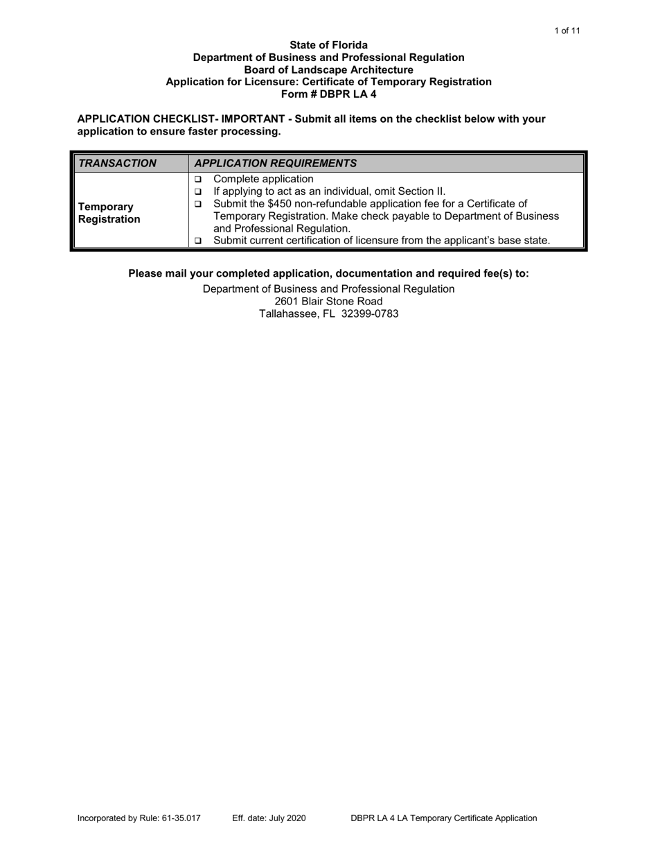 Form DBPR LA4 Application for Licensure: Certificate of Temporary Registration - Florida, Page 1