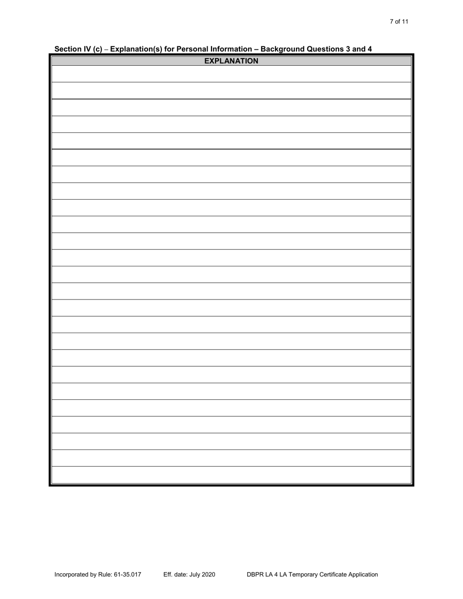 Form DBPR LA4 Application for Licensure: Certificate of Temporary Registration - Florida, Page 7