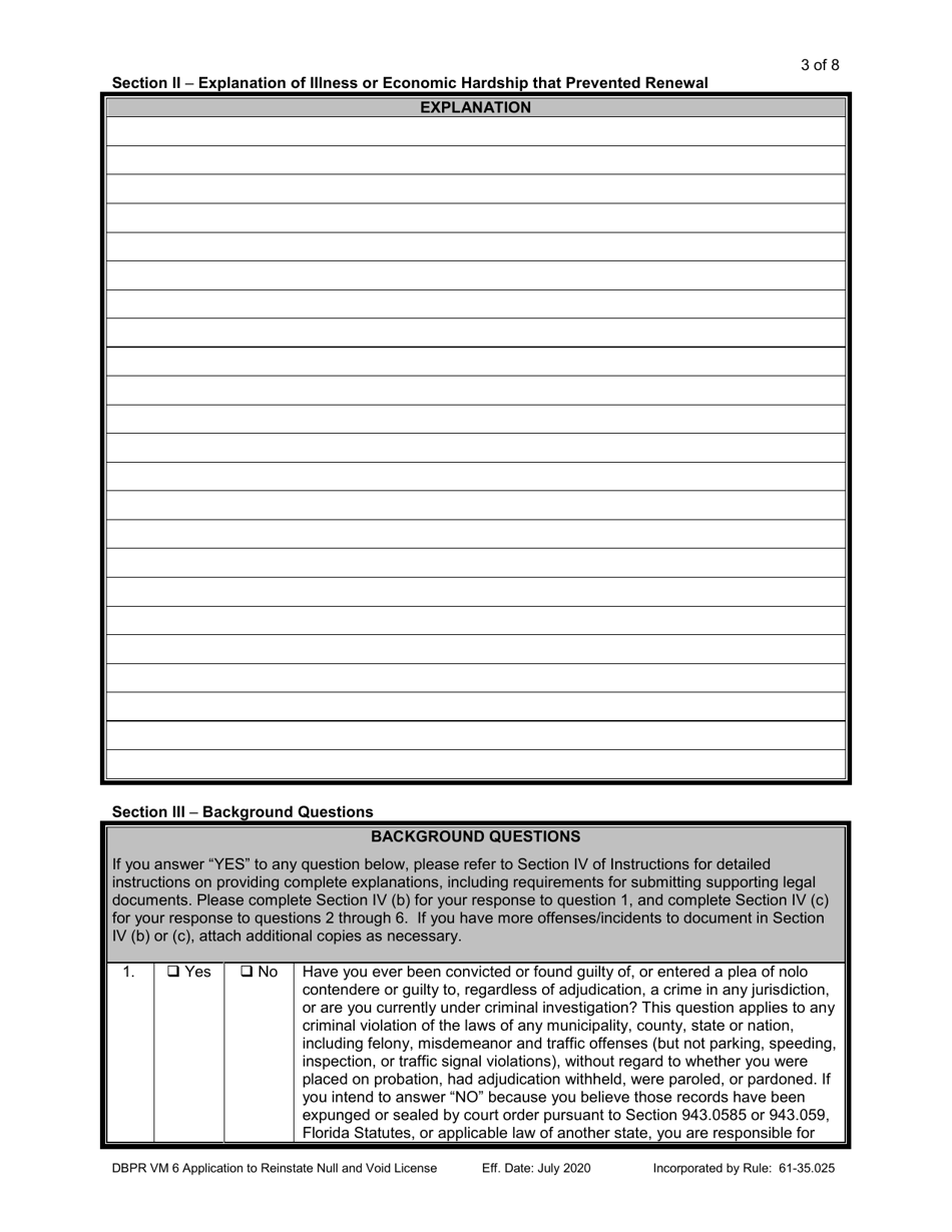 Form DBPR VM6 Application to Reinstate Null and Void License - Florida, Page 3
