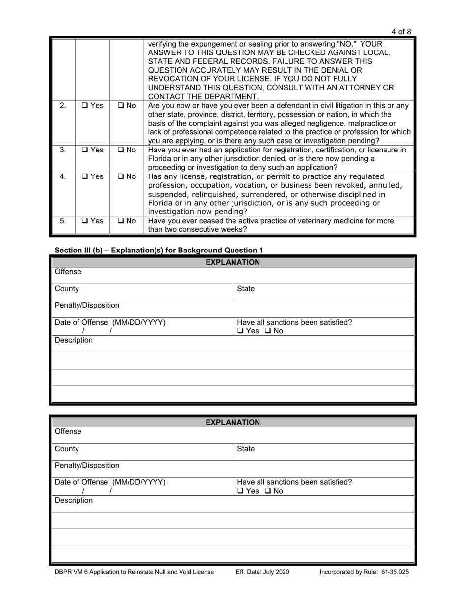 Form DBPR VM6 Application to Reinstate Null and Void License - Florida, Page 4