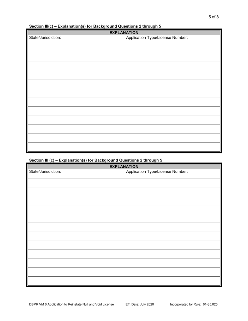 Form DBPR VM6 Application to Reinstate Null and Void License - Florida, Page 5