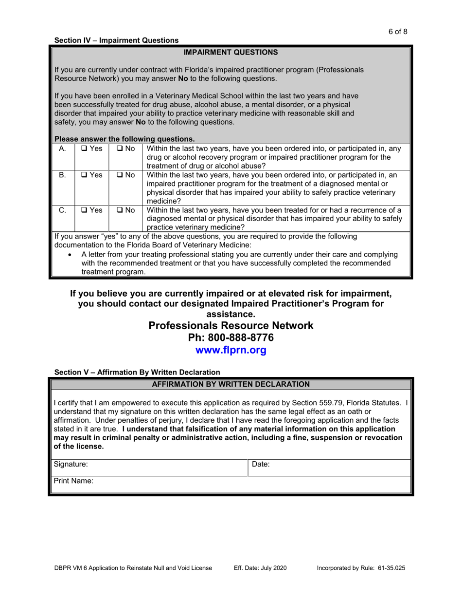 Form DBPR VM6 Application to Reinstate Null and Void License - Florida, Page 6