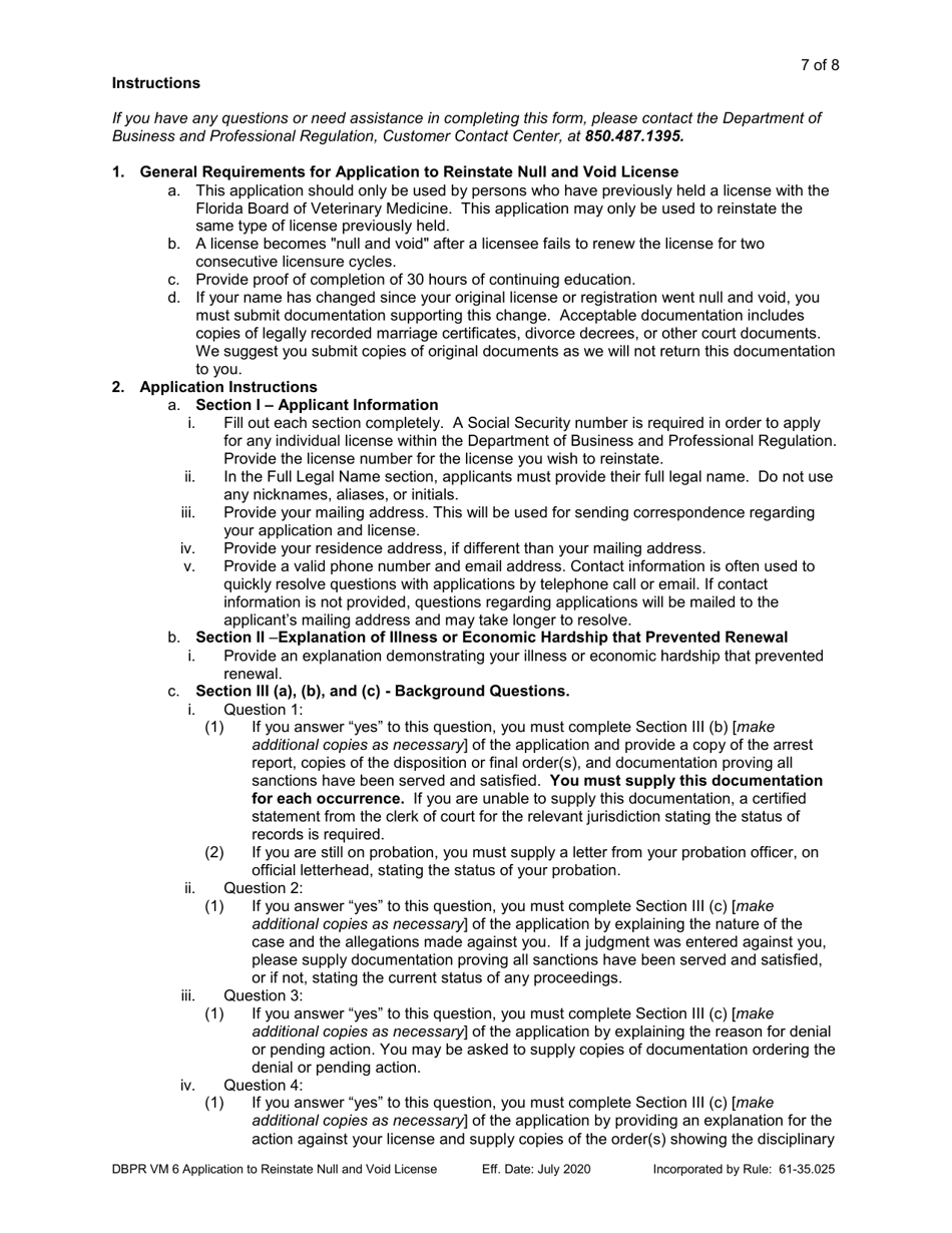 Form DBPR VM6 Application to Reinstate Null and Void License - Florida, Page 7