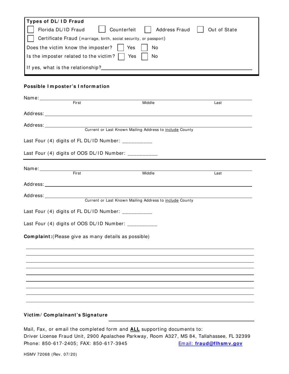 Form HSMV72068 Driver License / Identification Card Fraud Investigation Request - Florida, Page 2