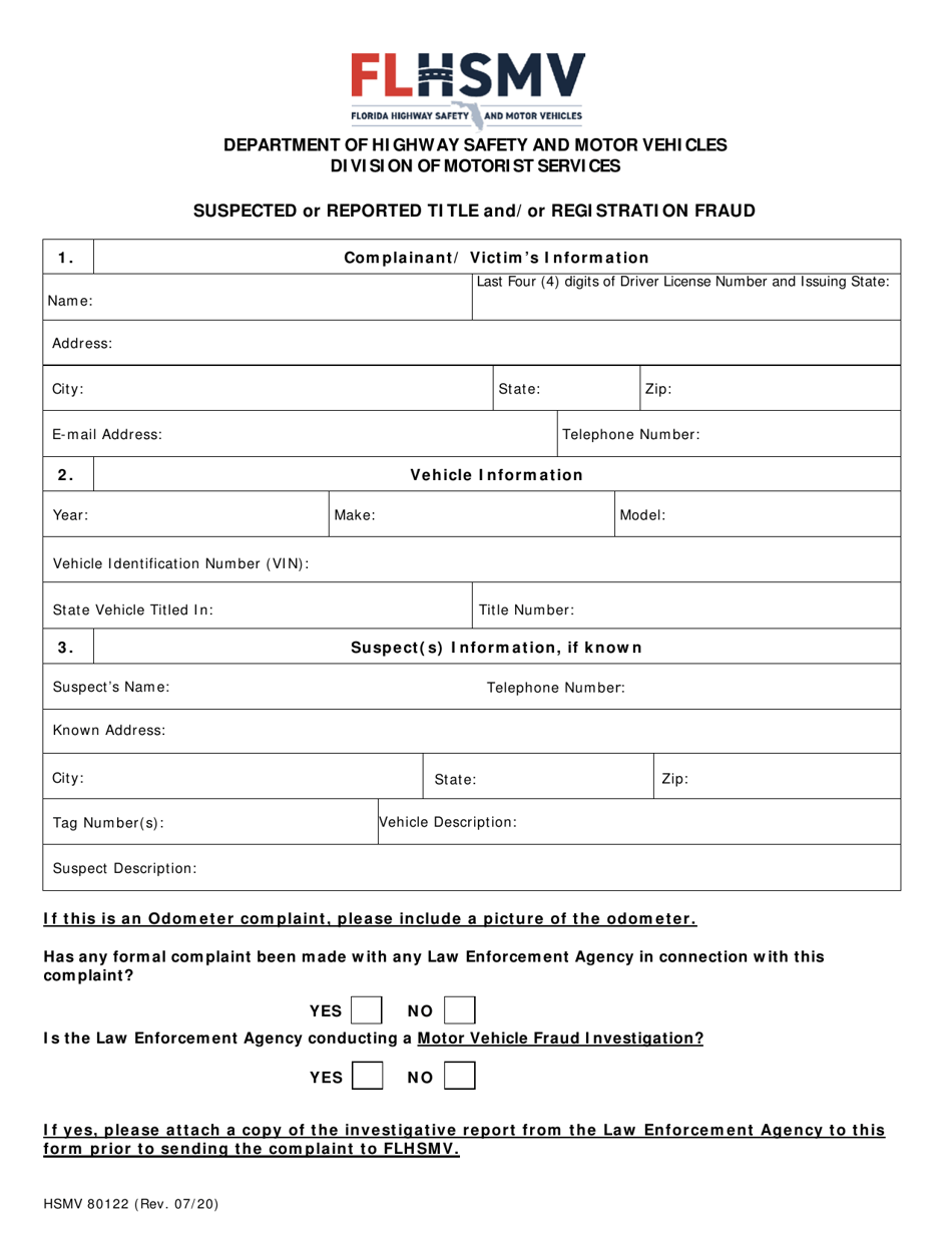 Form HSMV80122 Suspected or Reported Title and / or Registration Fraud - Florida, Page 1