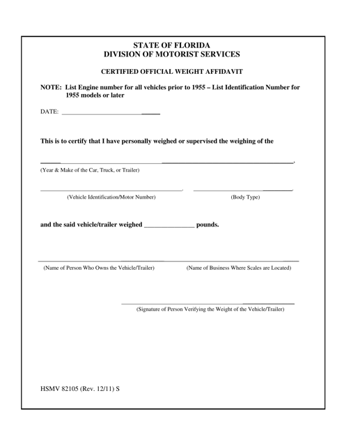Form HSMV82105 Certified Official Weight Affidavit - Florida