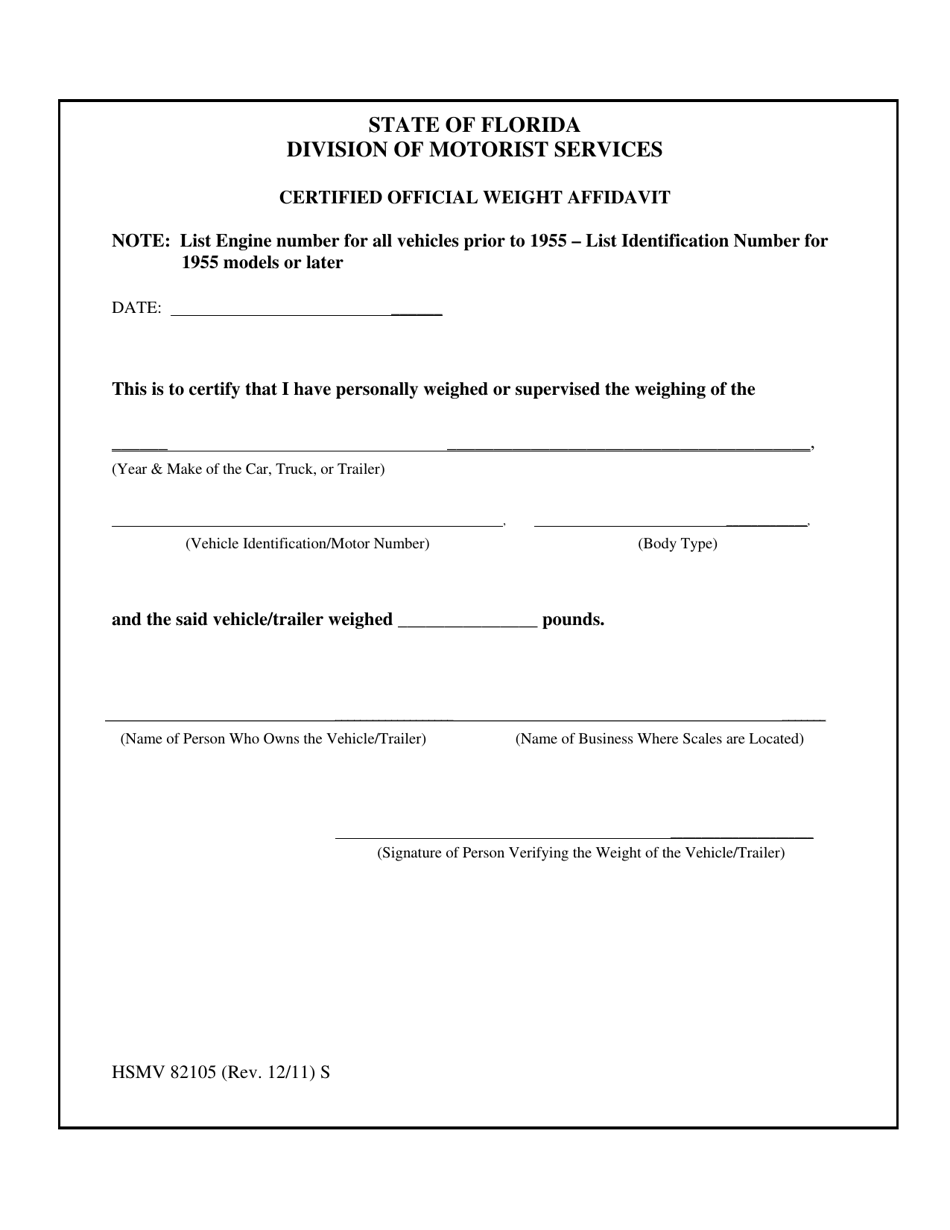 Form HSMV82105 Certified Official Weight Affidavit - Florida, Page 1