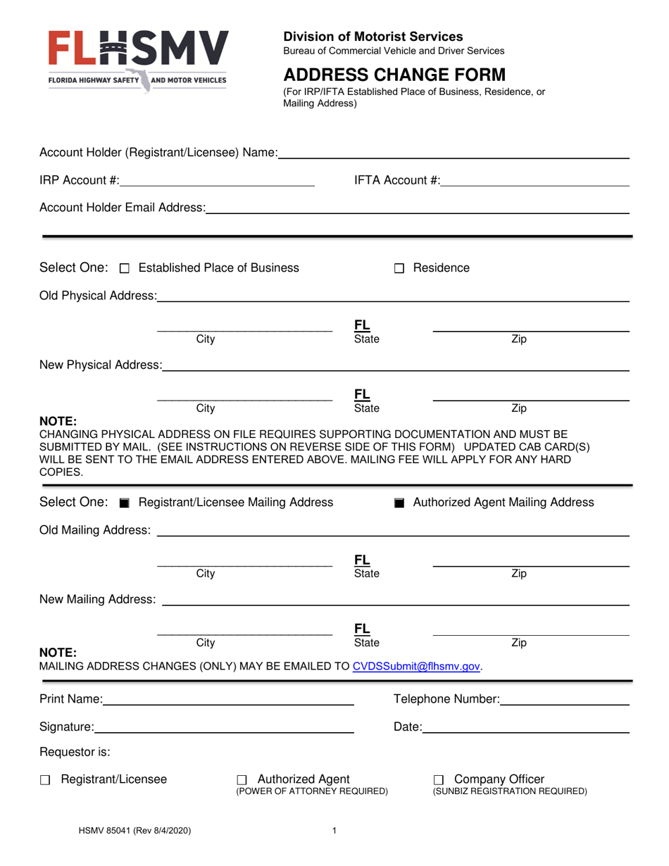 Form HSMV85041 Address Change Form - Florida, Page 1