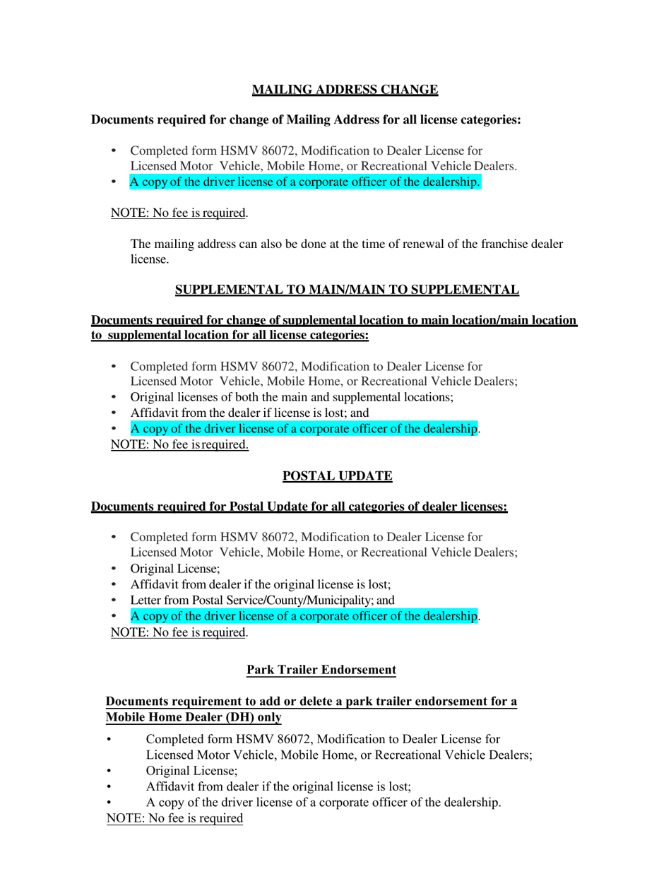 Form HSMV86072 Modification to Dealer License for Licensed Motor Vehicle, Mobile Home, or Recreational Vehicle Dealers - Florida, Page 10