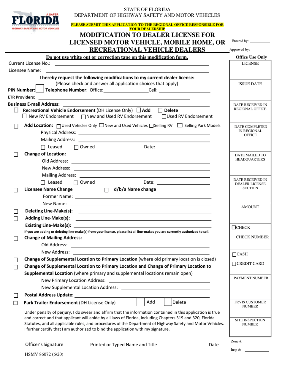 Form HSMV86072 Modification to Dealer License for Licensed Motor Vehicle, Mobile Home, or Recreational Vehicle Dealers - Florida, Page 1