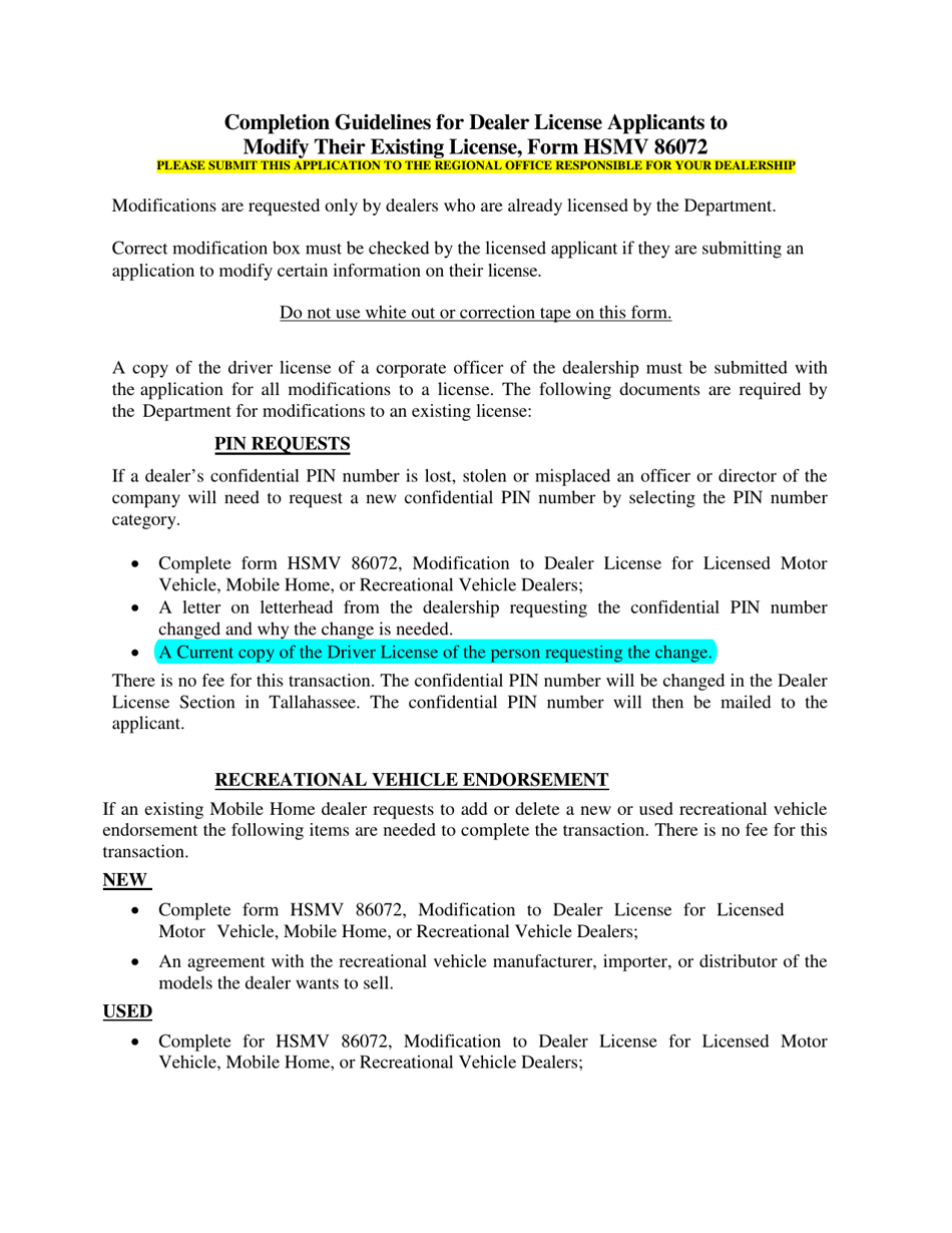 Form HSMV86072 Modification to Dealer License for Licensed Motor Vehicle, Mobile Home, or Recreational Vehicle Dealers - Florida, Page 2