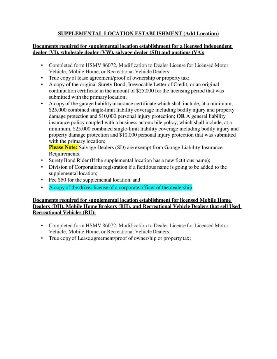 Form HSMV86072 Modification to Dealer License for Licensed Motor Vehicle, Mobile Home, or Recreational Vehicle Dealers - Florida, Page 3