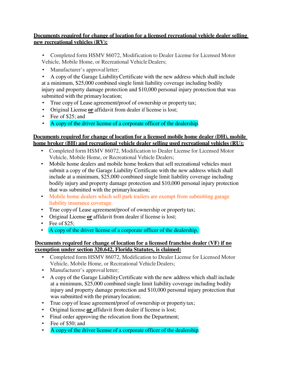 Form HSMV86072 Modification to Dealer License for Licensed Motor Vehicle, Mobile Home, or Recreational Vehicle Dealers - Florida, Page 6