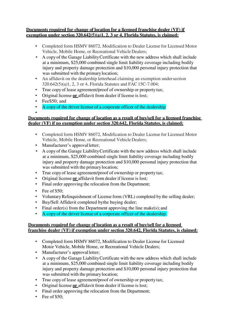 Form HSMV86072 Modification to Dealer License for Licensed Motor Vehicle, Mobile Home, or Recreational Vehicle Dealers - Florida, Page 7