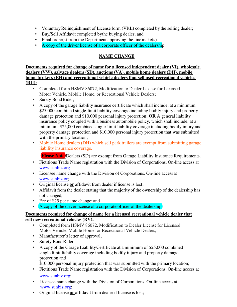 Form HSMV86072 Modification to Dealer License for Licensed Motor Vehicle, Mobile Home, or Recreational Vehicle Dealers - Florida, Page 8