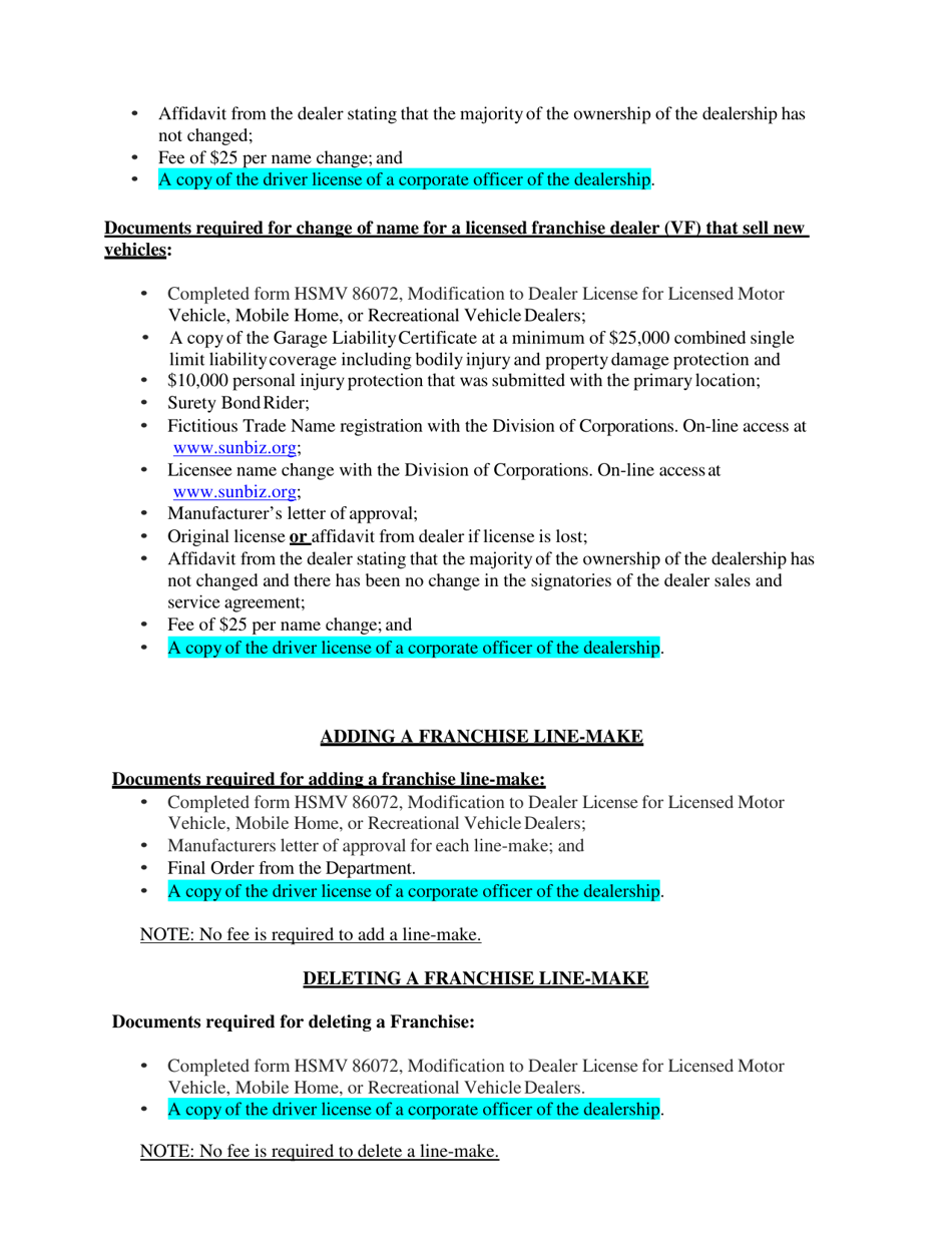 Form HSMV86072 Modification to Dealer License for Licensed Motor Vehicle, Mobile Home, or Recreational Vehicle Dealers - Florida, Page 9