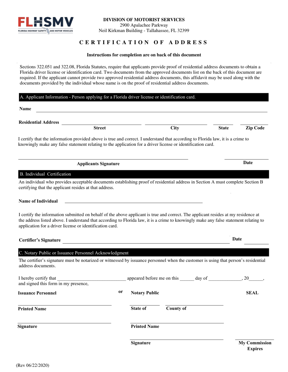 Certification of Address - Florida, Page 1