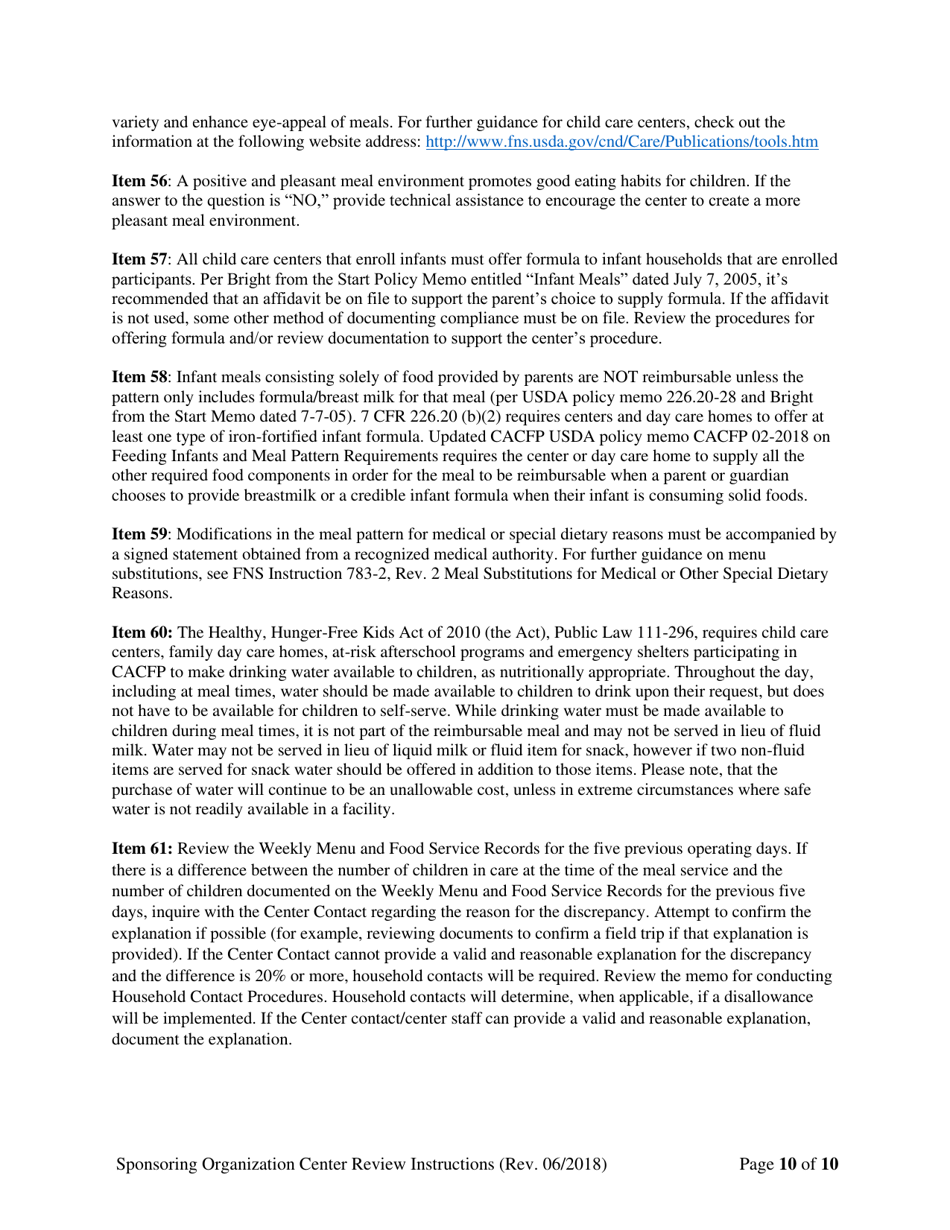 Instructions for Child Care Center Monitoring Form (Administrative and Center Sponsor Use Only) - Georgia (United States), Page 10