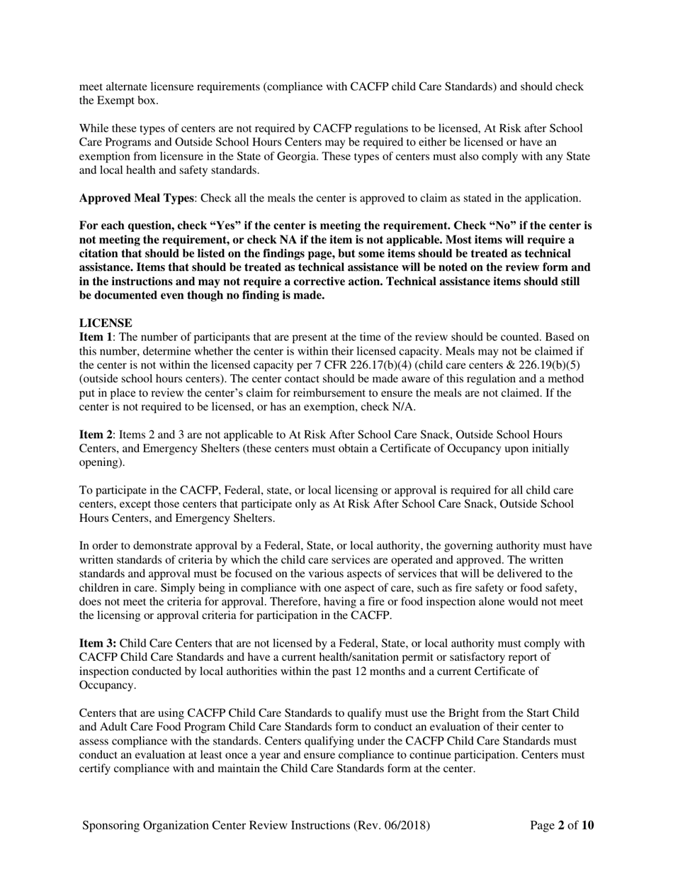 Instructions for Child Care Center Monitoring Form (Administrative and Center Sponsor Use Only) - Georgia (United States), Page 2