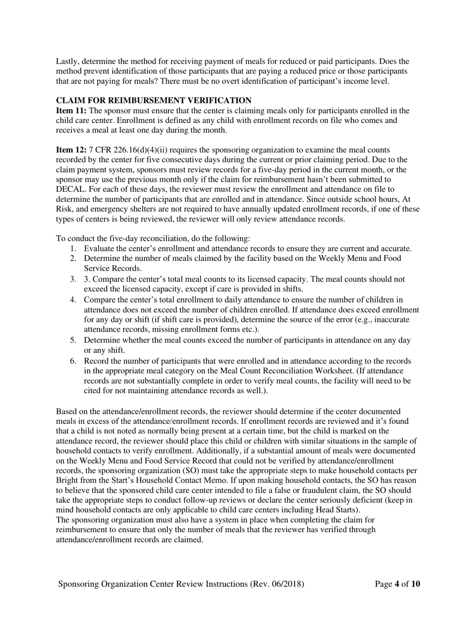 Instructions for Child Care Center Monitoring Form (Administrative and Center Sponsor Use Only) - Georgia (United States), Page 4