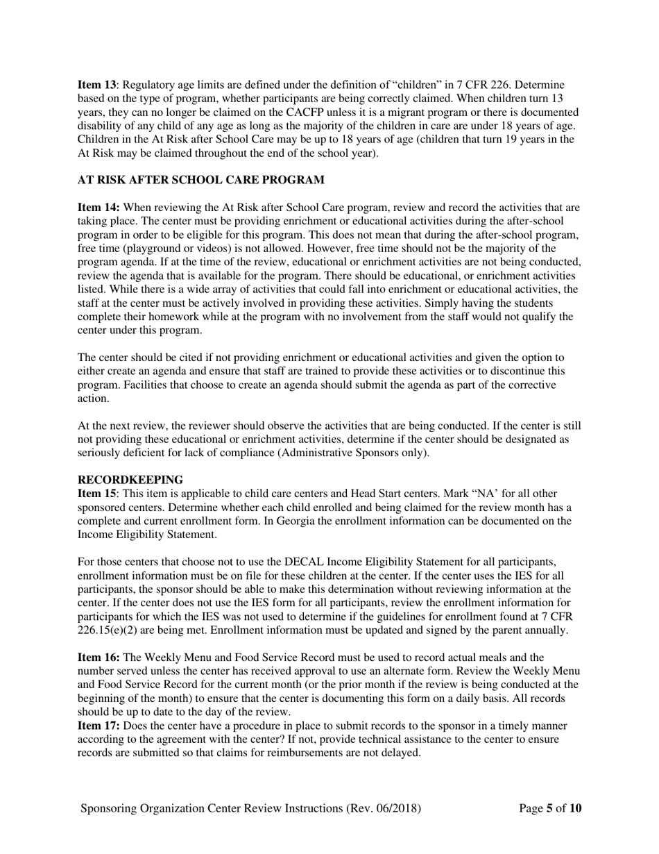 Instructions for Child Care Center Monitoring Form (Administrative and Center Sponsor Use Only) - Georgia (United States), Page 5