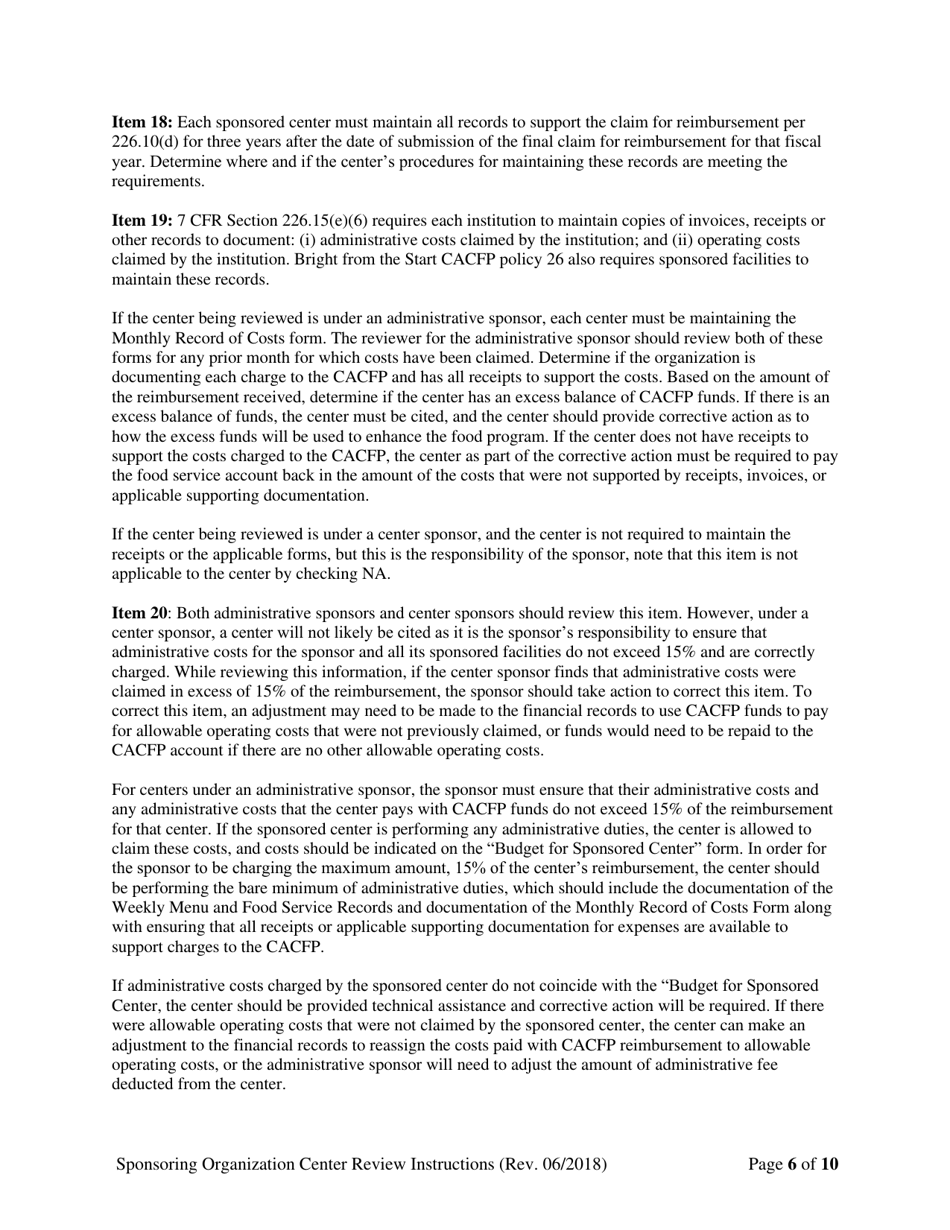 Instructions for Child Care Center Monitoring Form (Administrative and Center Sponsor Use Only) - Georgia (United States), Page 6