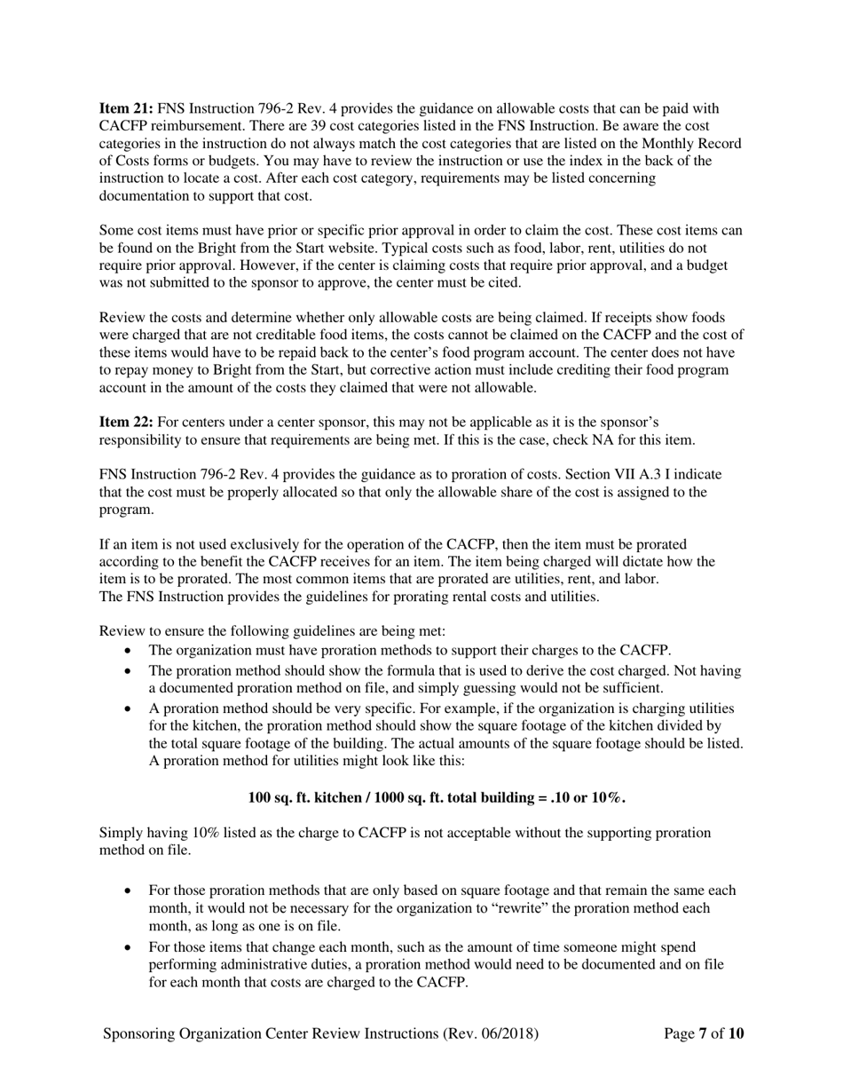 Instructions for Child Care Center Monitoring Form (Administrative and Center Sponsor Use Only) - Georgia (United States), Page 7