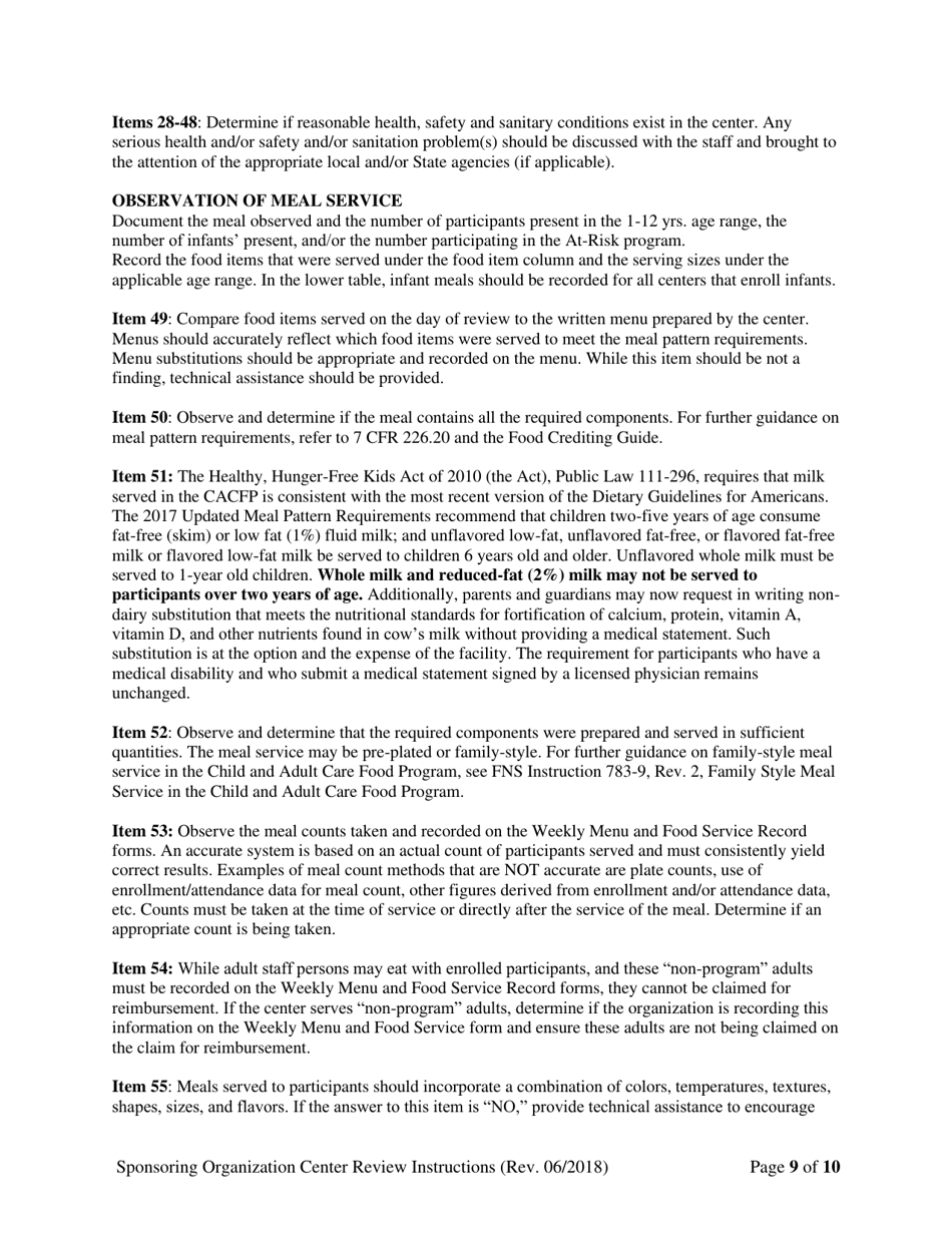 Instructions for Child Care Center Monitoring Form (Administrative and Center Sponsor Use Only) - Georgia (United States), Page 9