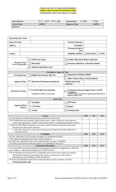 Child Care Center Monitoring Form (Administrative and Center Sponsor Use Only) - Georgia (United States) Download Pdf