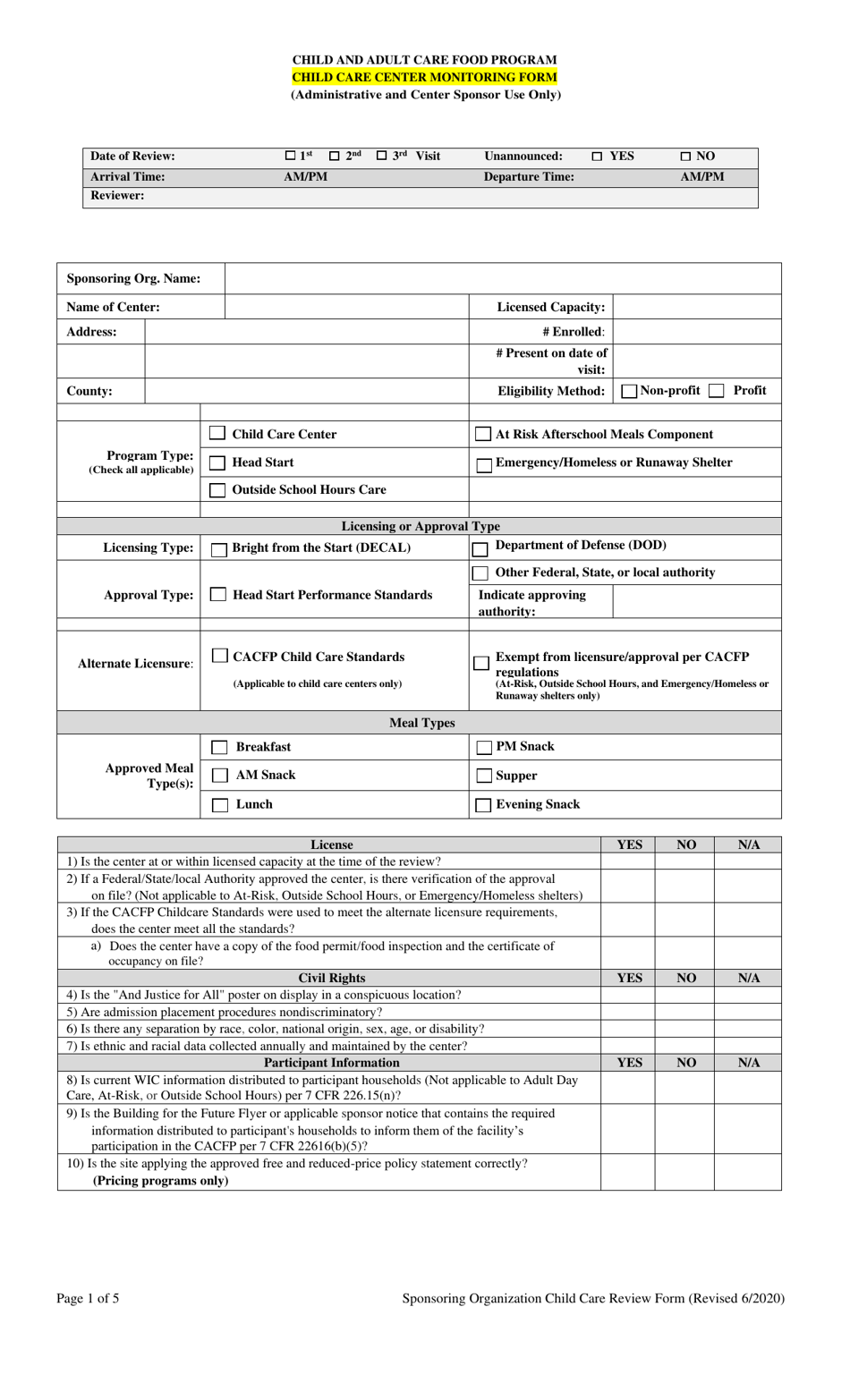 Child Care Center Monitoring Form (Administrative and Center Sponsor Use Only) - Georgia (United States), Page 1