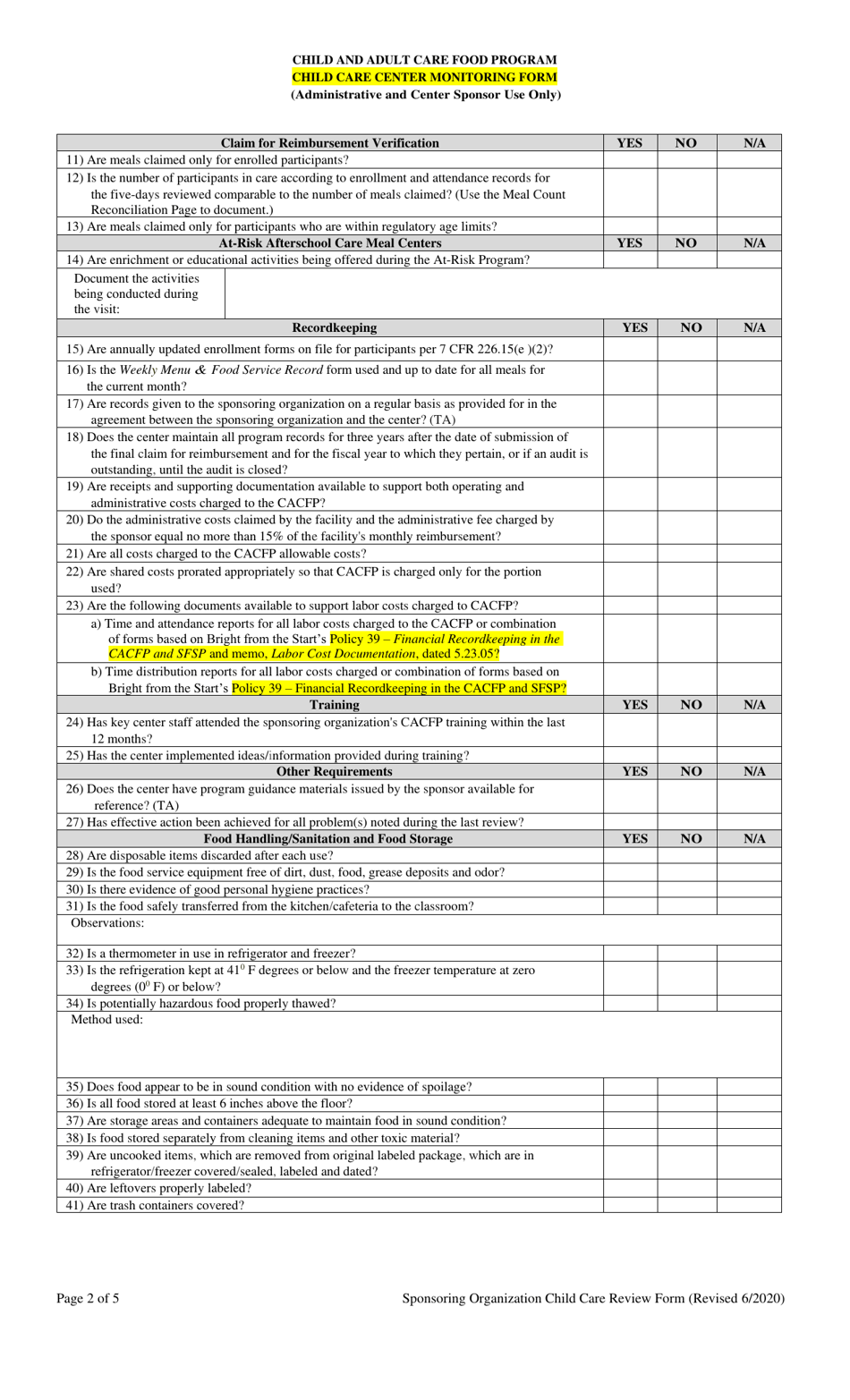 Child Care Center Monitoring Form (Administrative and Center Sponsor Use Only) - Georgia (United States), Page 2