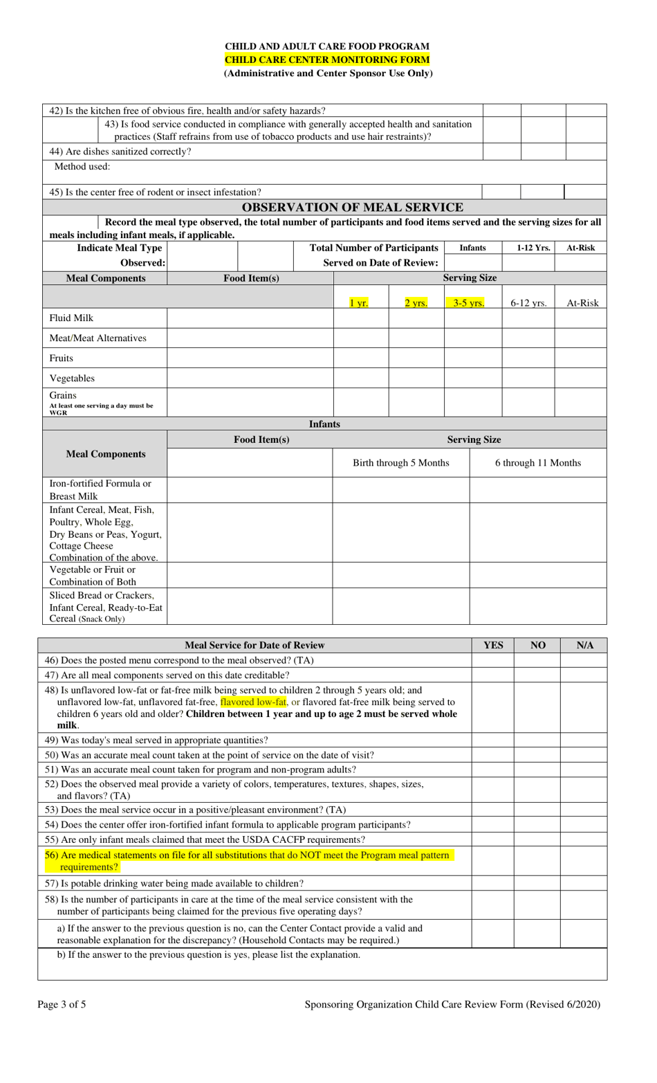 Child Care Center Monitoring Form (Administrative and Center Sponsor Use Only) - Georgia (United States), Page 3