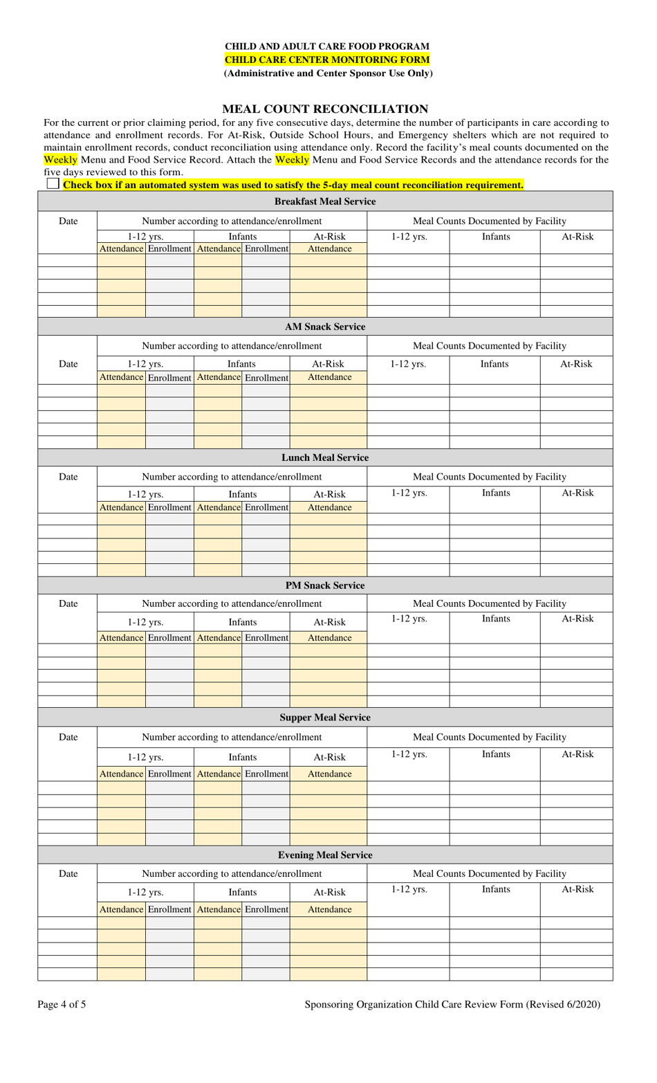 Child Care Center Monitoring Form (Administrative and Center Sponsor Use Only) - Georgia (United States), Page 4