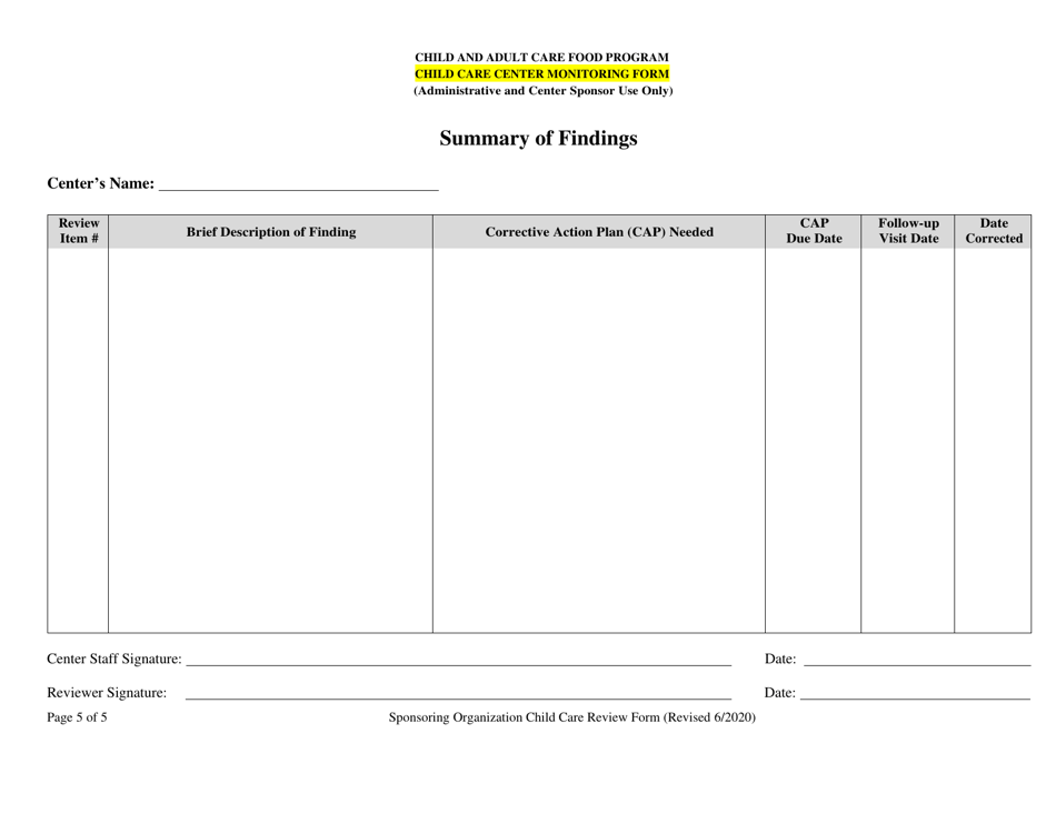 Child Care Center Monitoring Form (Administrative and Center Sponsor Use Only) - Georgia (United States), Page 5