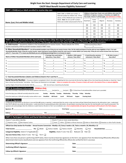 CACFP Meal Benefit Income Eligibility Statement - Georgia (United States) Download Pdf