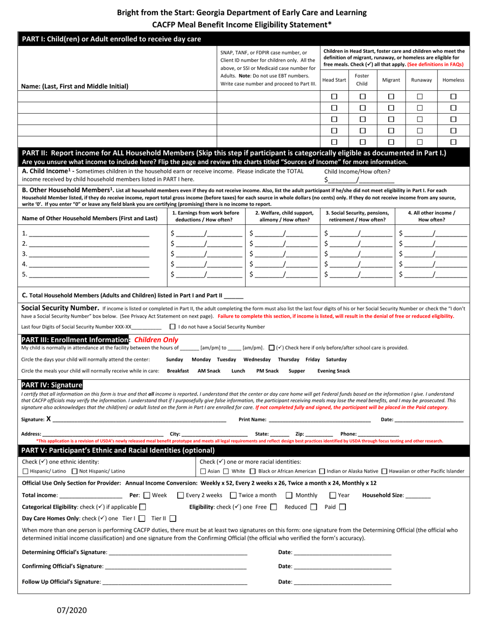 CACFP Meal Benefit Income Eligibility Statement - Georgia (United States), Page 1