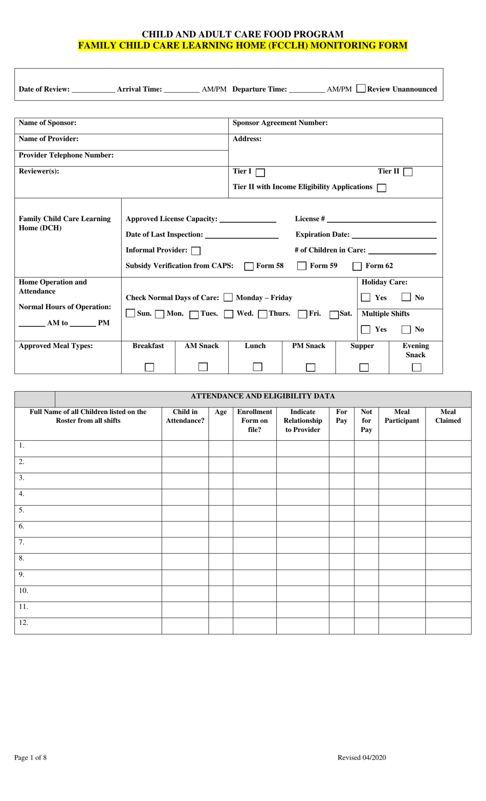 Family Child Care Learning Home (Fcclh) Monitoring Form - Georgia (United States), Page 1