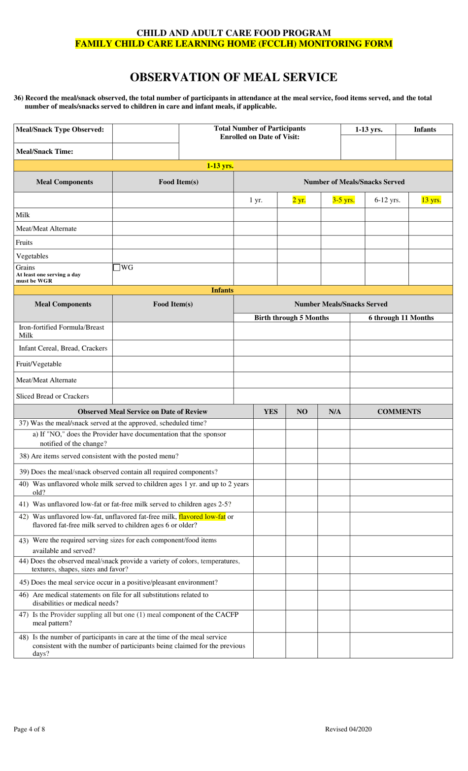 Family Child Care Learning Home (Fcclh) Monitoring Form - Georgia (United States), Page 4