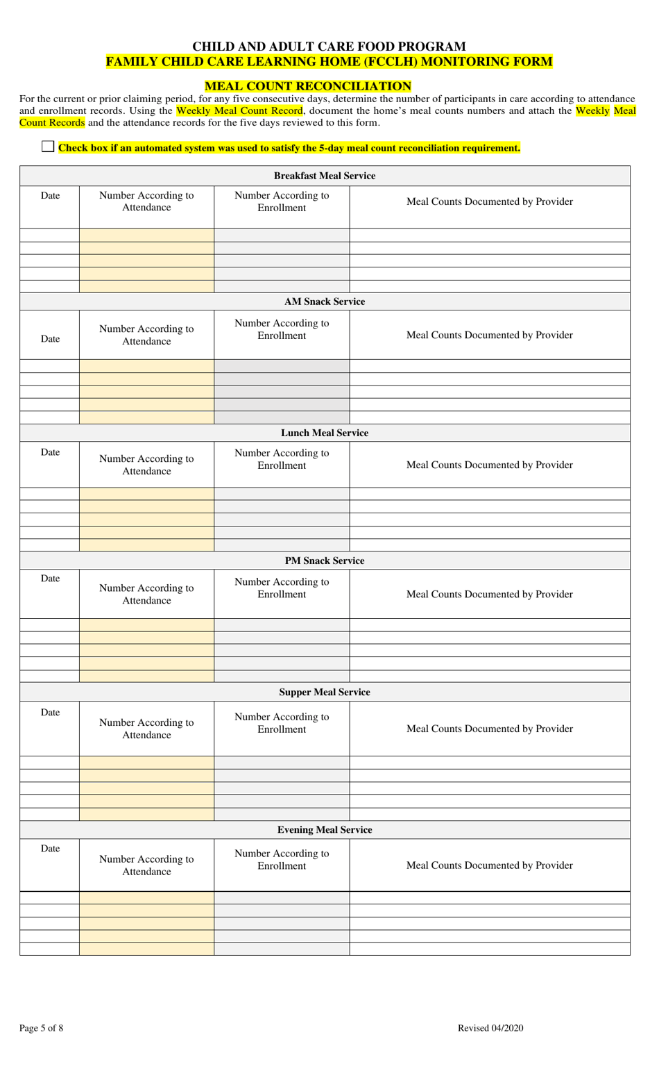 Family Child Care Learning Home (Fcclh) Monitoring Form - Georgia (United States), Page 5