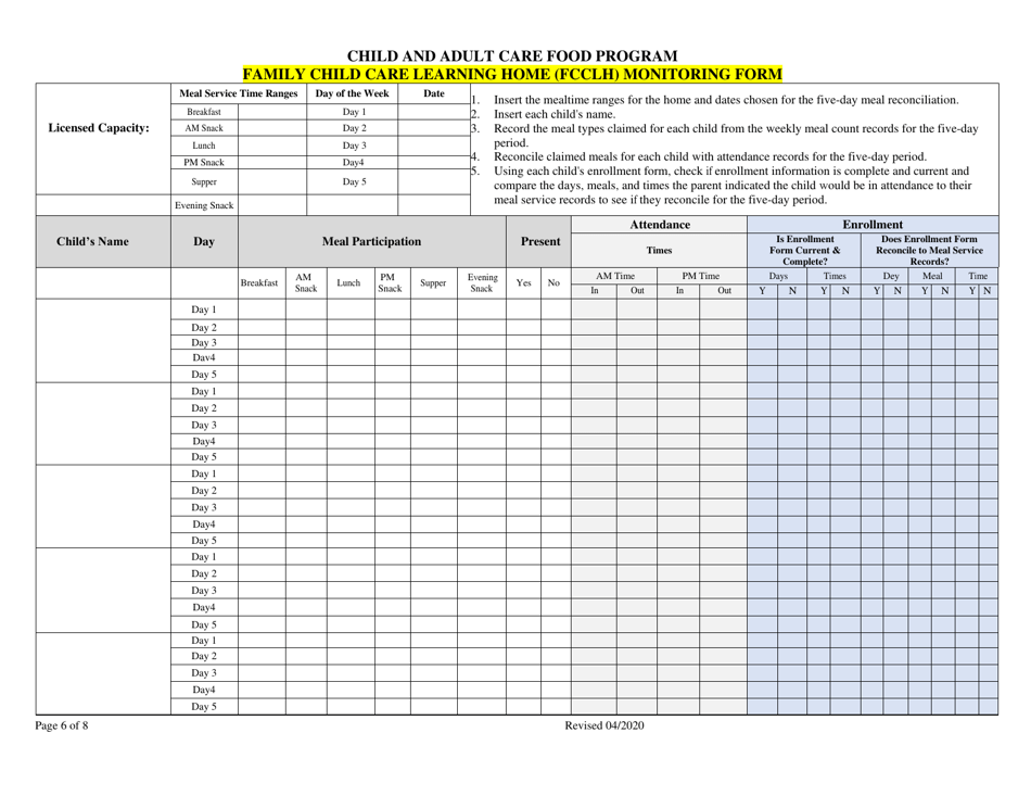 Family Child Care Learning Home (Fcclh) Monitoring Form - Georgia (United States), Page 6