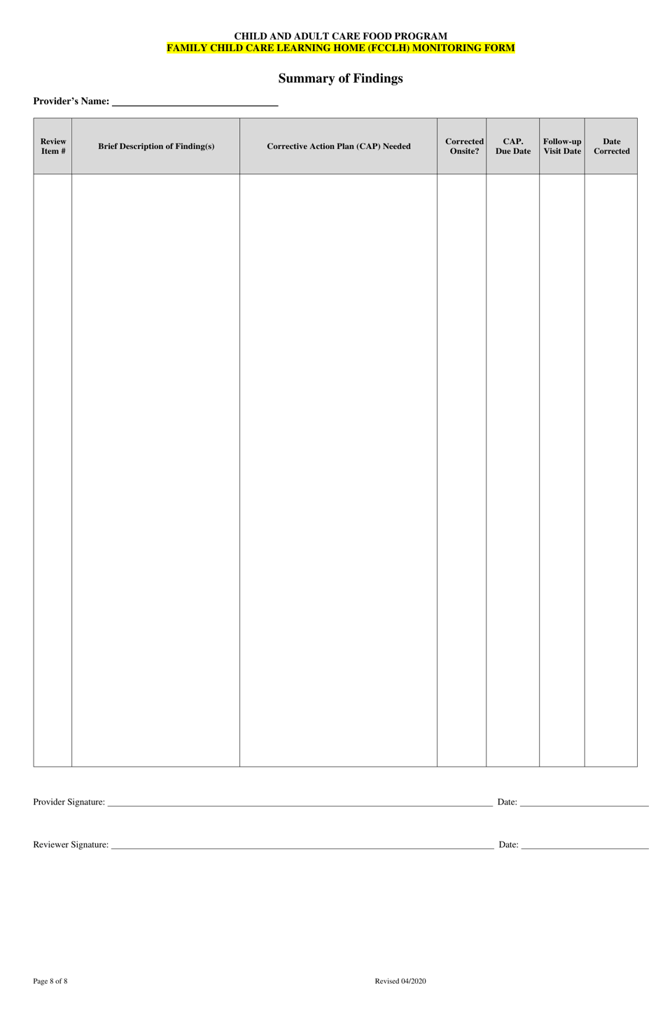 Family Child Care Learning Home (Fcclh) Monitoring Form - Georgia (United States), Page 8