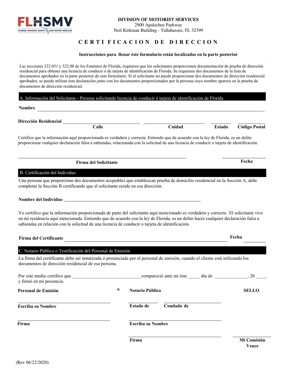 Certificacion De Direccion - Florida (Spanish), Page 1