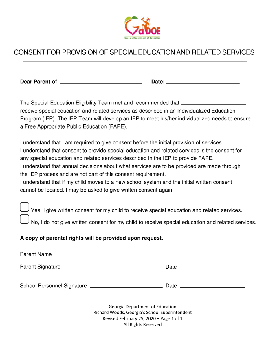Consent for Provision of Special Education and Related Services - Georgia (United States), Page 1
