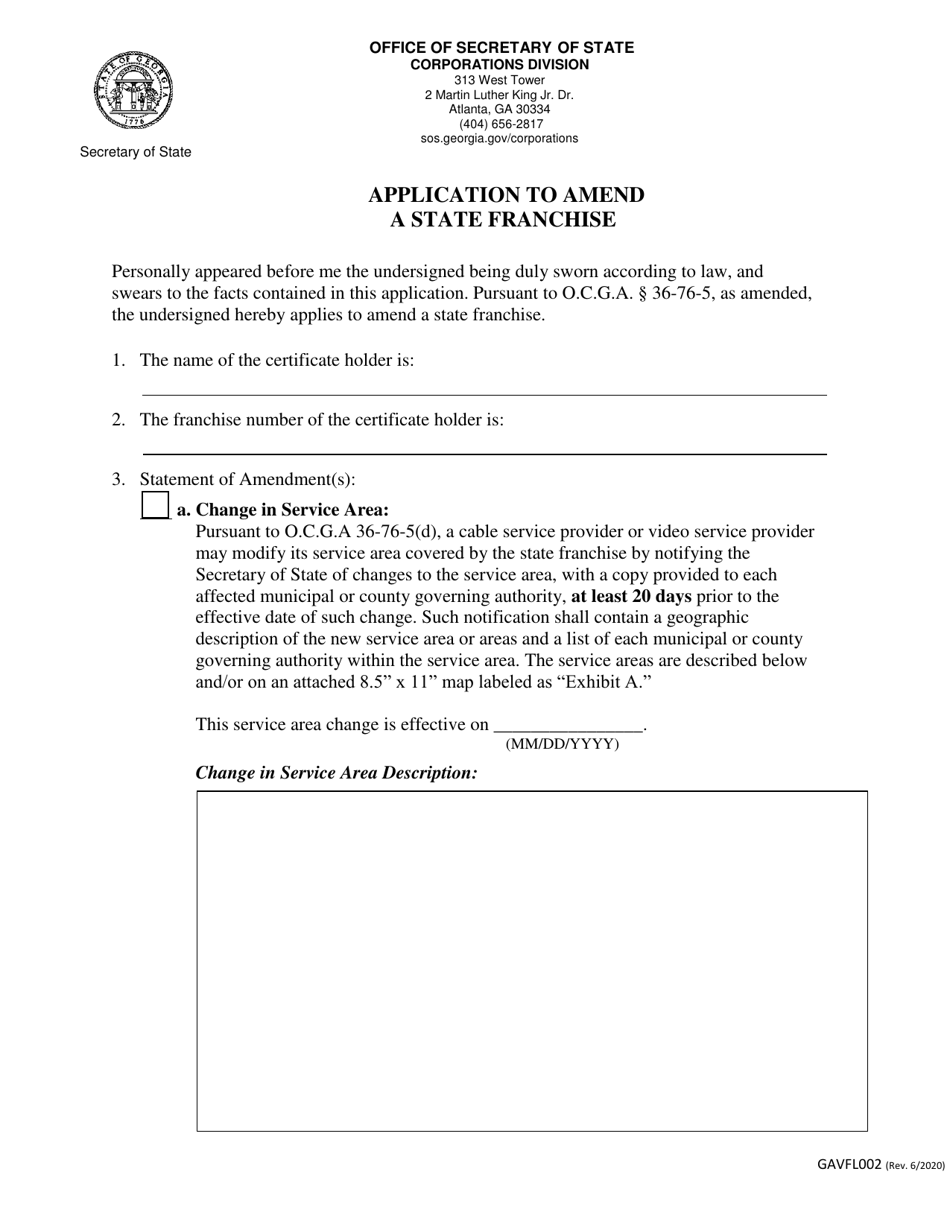 Form GAVFL002 Application to Amend a State Franchise - Georgia (United States), Page 1